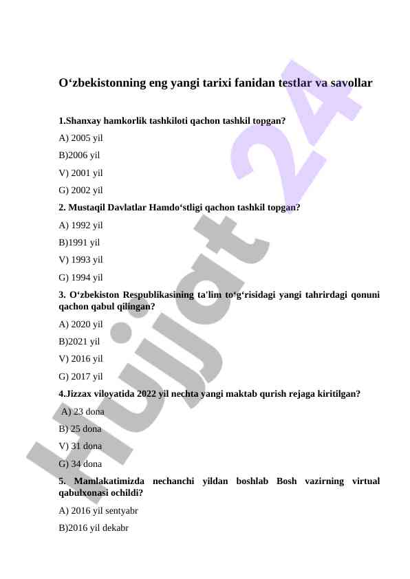 O‘zbekistonning tarixi fanidan test savollari
