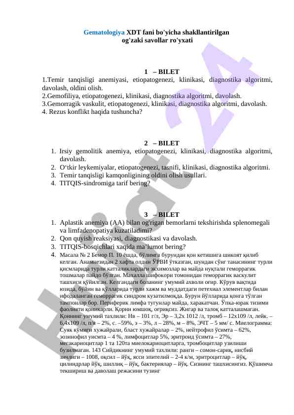 Gematologiya xdt fani bo'yicha savollar ro'yxati