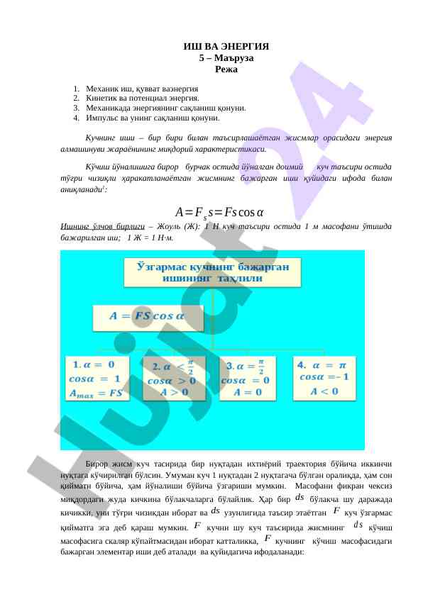 Ish va energiya mavzusida dars ishlanmasi