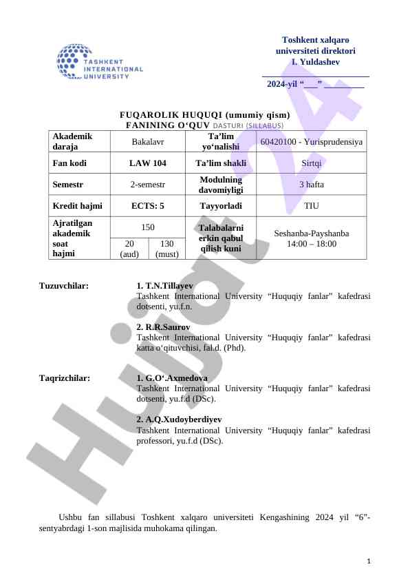 Fuqarolik huquqi fanining o‘quv dasturi sillabi