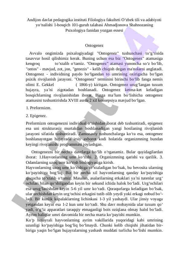 Ontogenez tushunchasining psixologik asoslari