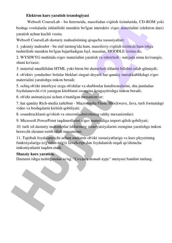 Elektron kurs yaratish texnologiyasi websoft courselab