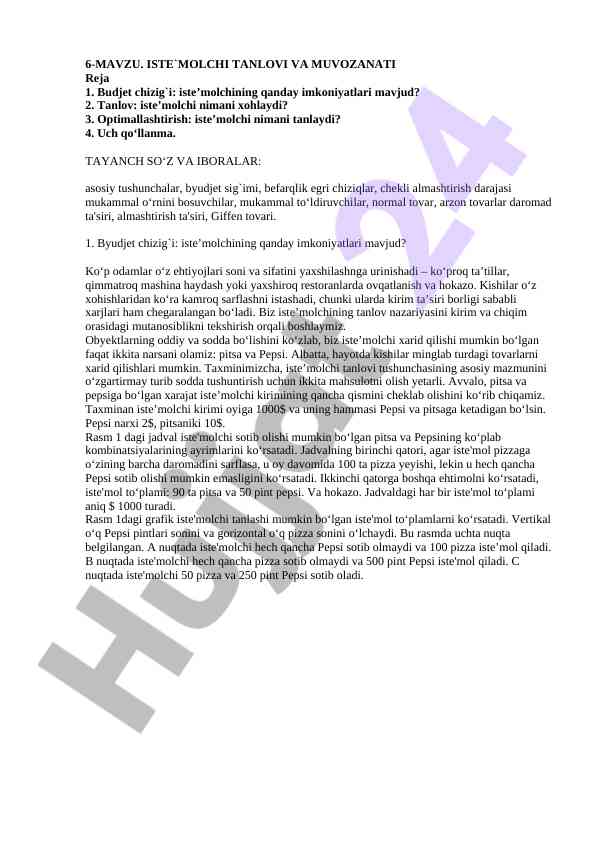 Iste'molchi tanlovlari va muvozanati tahlili