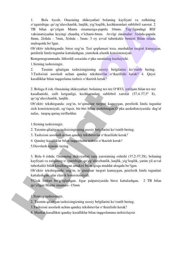 Bola kasalliklari tekshiruvi va tashxis belgilari