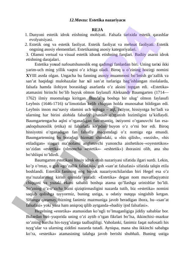Estetika nazariyasi va uning tarixi