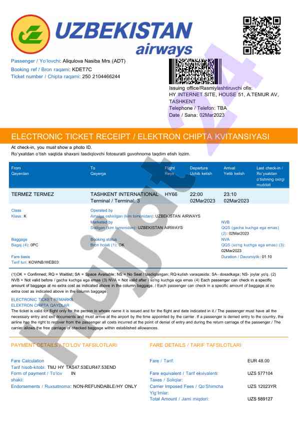 Electronic ticket receipt for uzbekistan airways flight