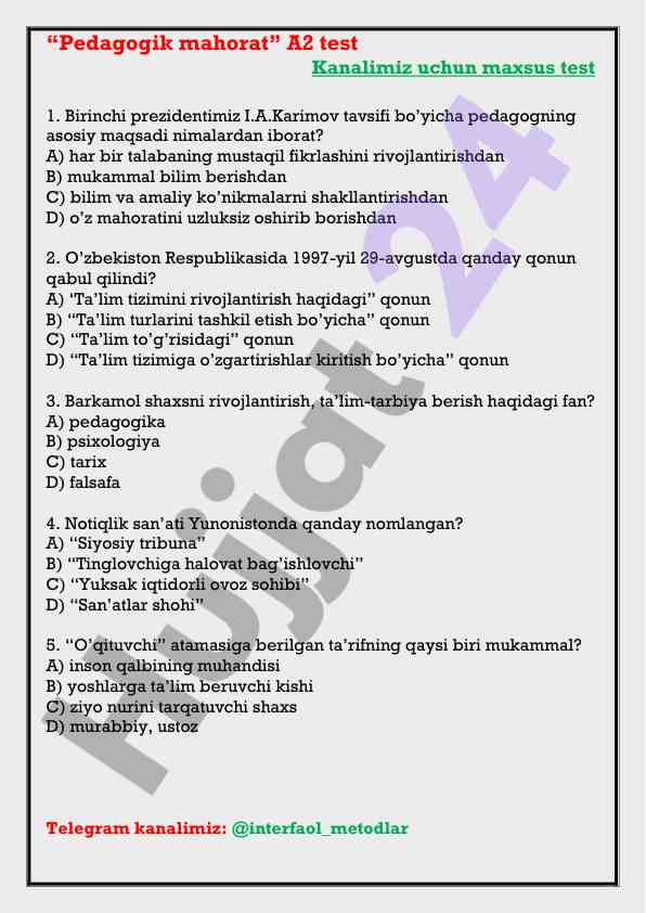 Pedagogik mahorat a2 test nazorat o‘tkazish