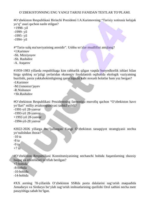 O'zbekiston tarixi fanidan testlar to'plami