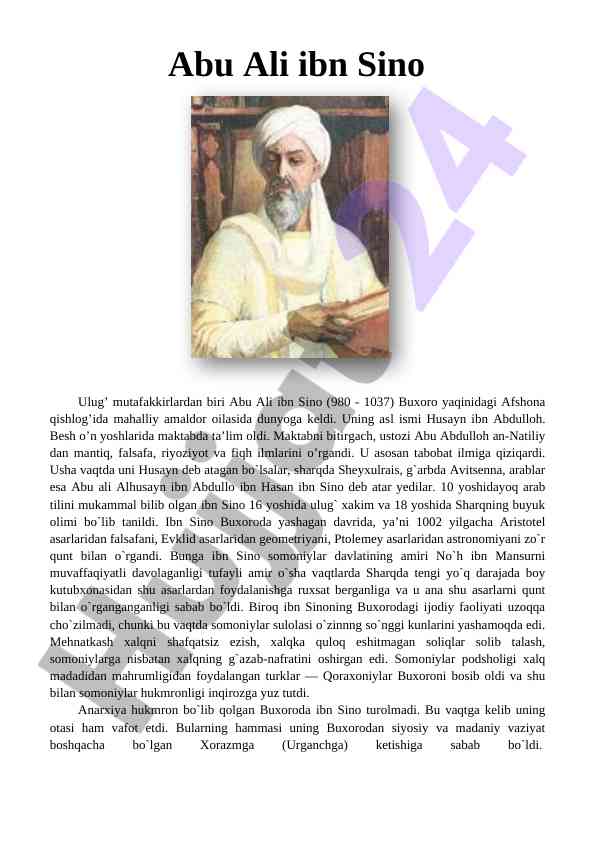 Abu ali ibn sino hayoti va ilmiy ta'siri