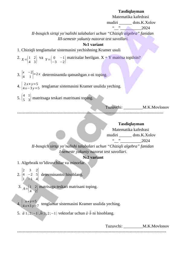 Chiziqli algebra fanidan yakuniy nazorat test savollari