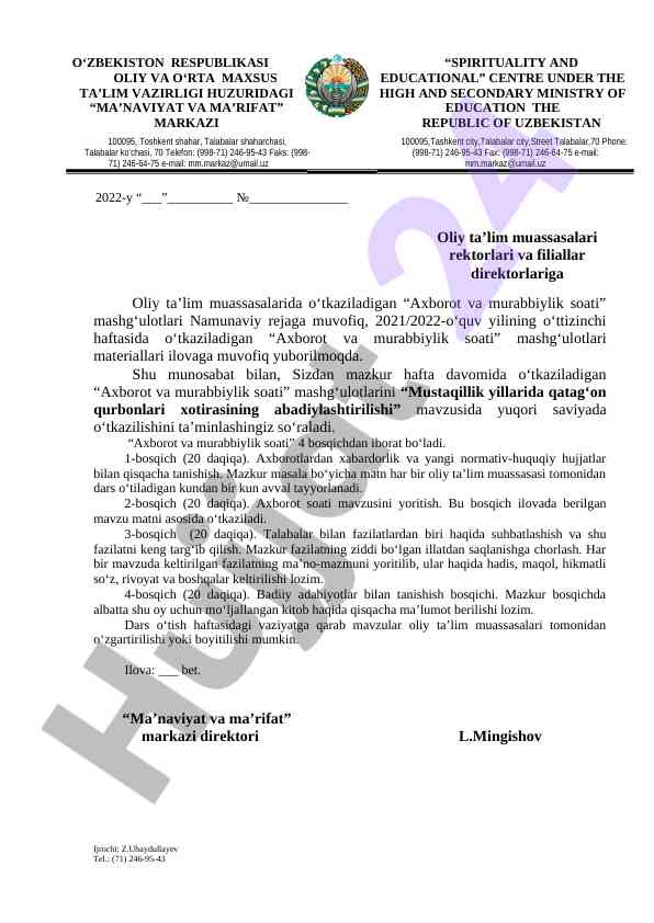 Axborot va murabbiylik soati mashg‘ulotlari rejasi