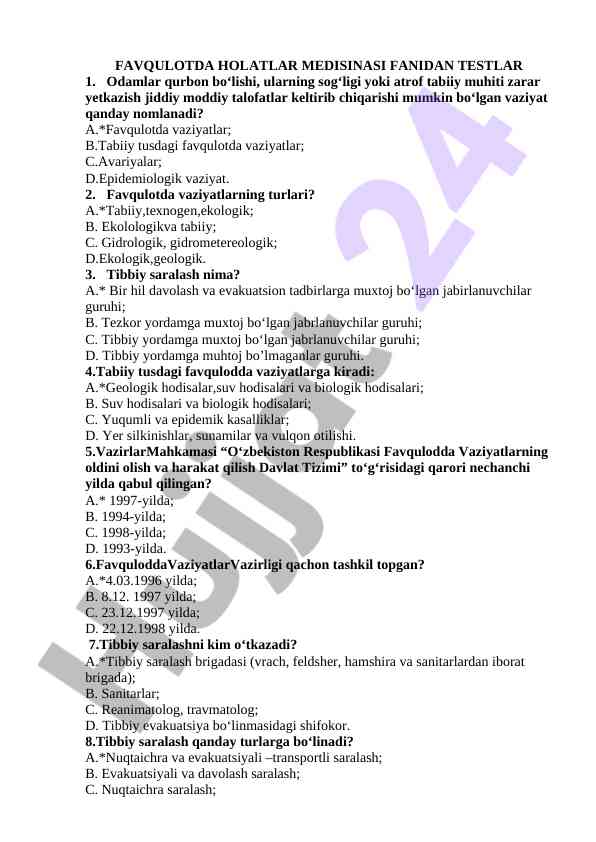 Favqulotda holatlar medisinasidan testlar