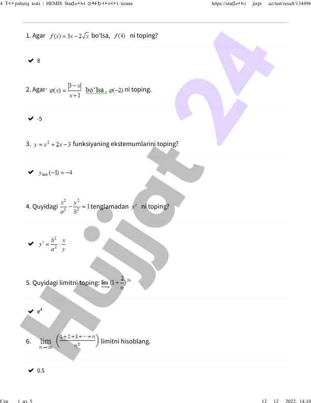 Matematika funksiyalari bo'yicha topshiriq testi