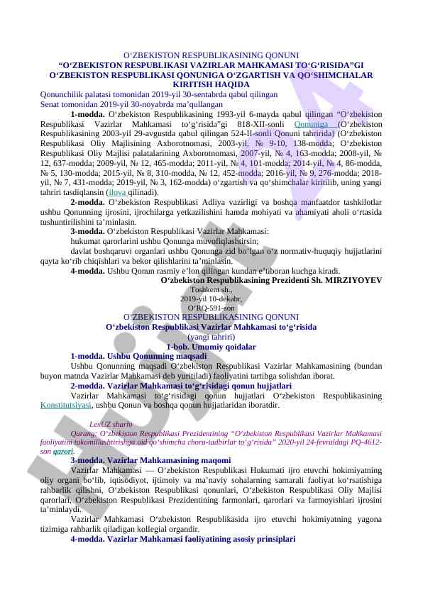 O‘zbekiston respublikasi vazirlar mahkamasiga o‘zgartishlar