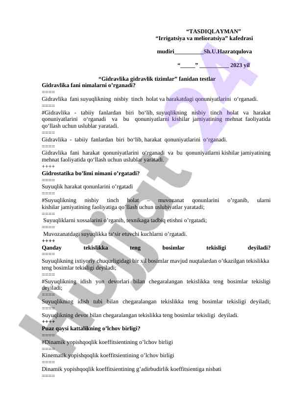 Gidravlika tizimlari bo‘yicha testlar