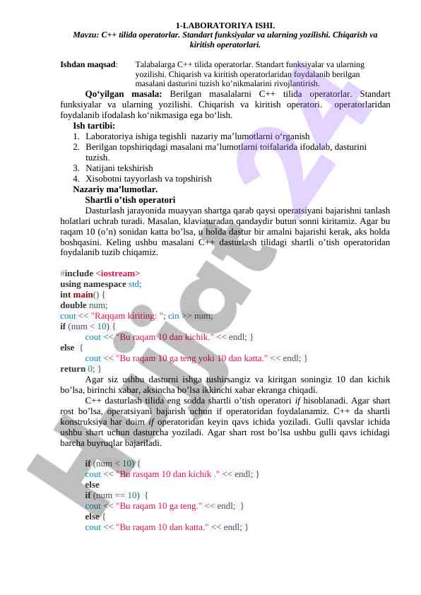 C++ tilida operatorlar va standart funktsiyalar