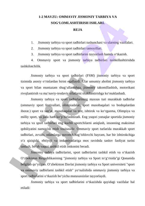 Omaviy jismoniy tarbiya va sogʻlomlashtirish ishlari