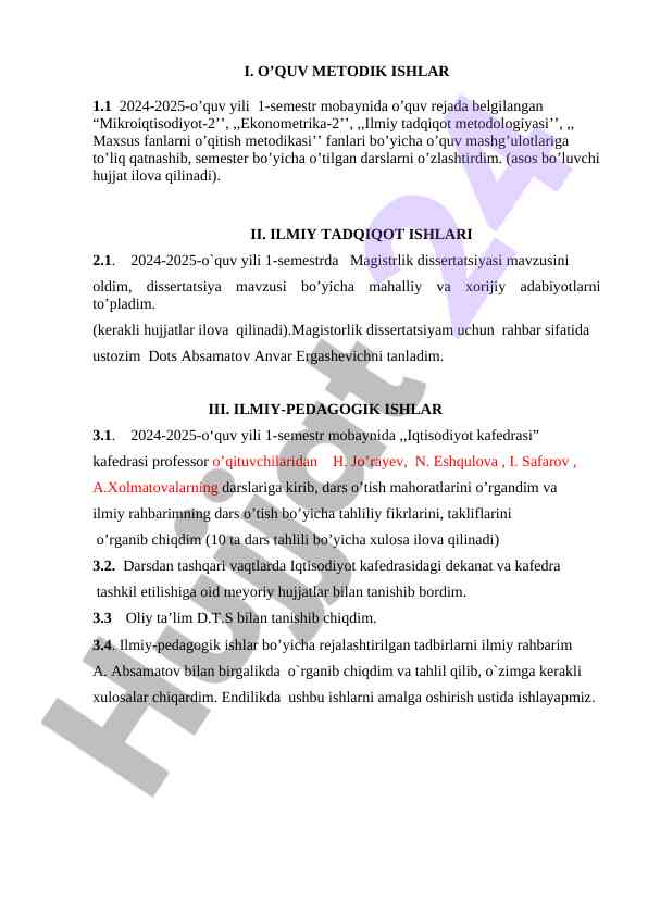 O’quv metodik ishlar va ilmiy tadqiqotlar