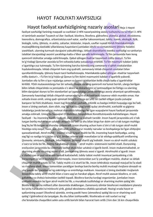 Hayot faoliyati xavfsizligi nazariy asoslari