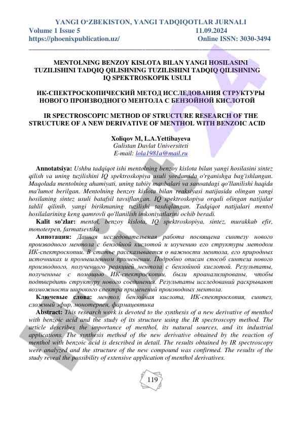 Mentol va benzoy kislotaning yangi hosilasi tahlili