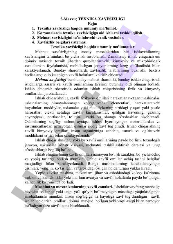 Texnika xavfsizligi tizimi haqida ma'lumotlar