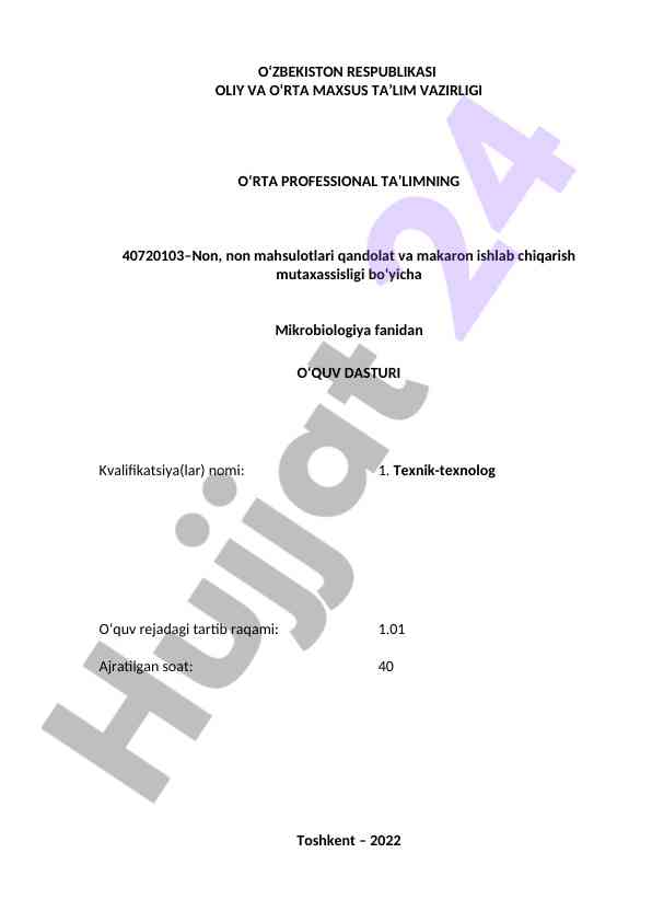 Mikrobiologiya fanidan o‘quv dasturi 2022