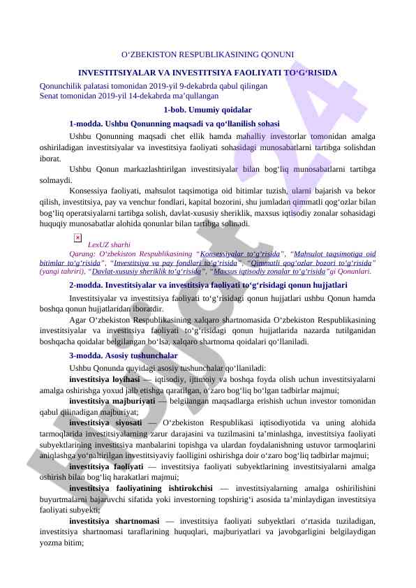 Investitsiya faoliyati va moliya qonunlari