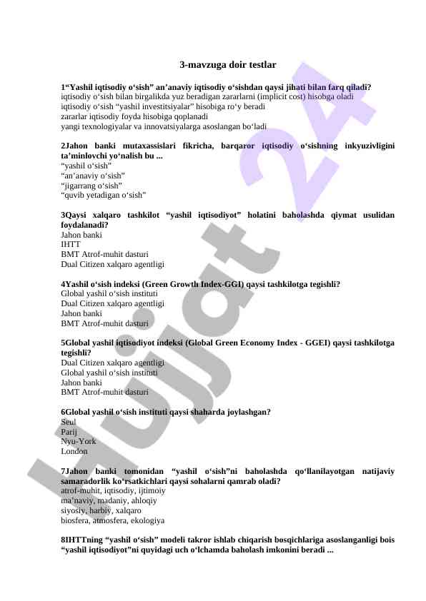 Yashil iqtisodiy o‘sish testlar va savollar