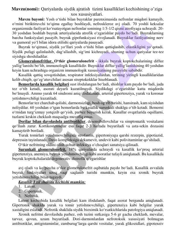 Qariyalarda siydik ajratish tizimi kasalliklari