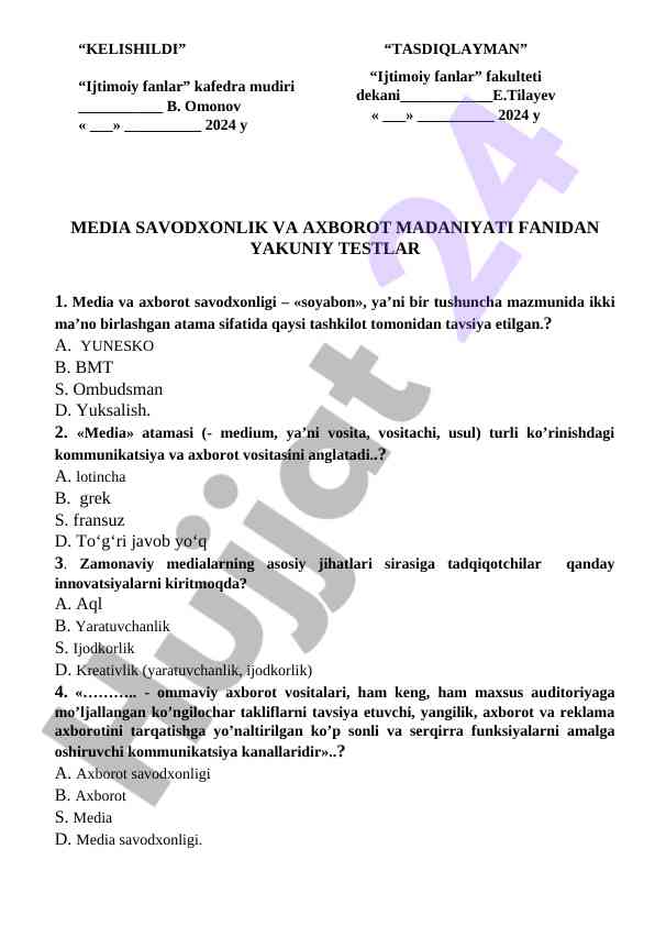 Media savodxonlik va axborot madaniyati fanidan testlar