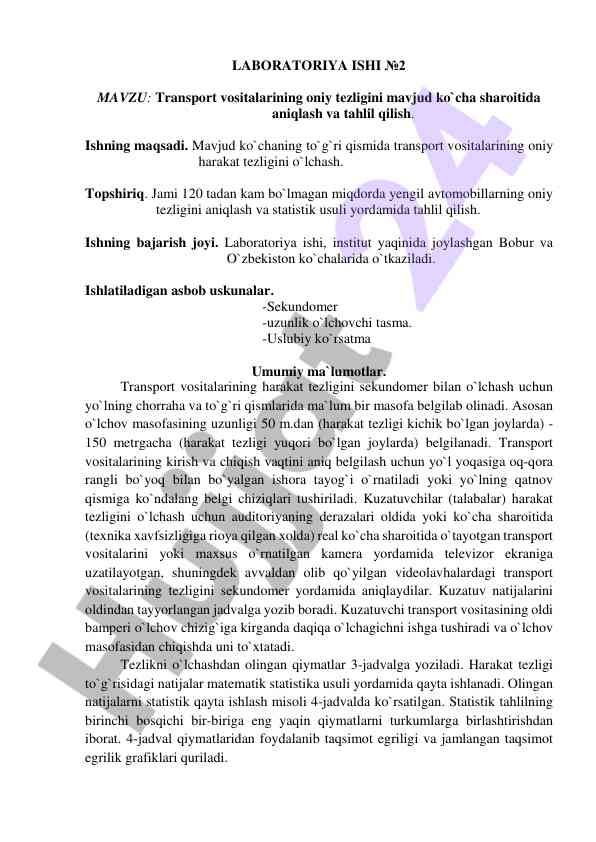 Transport vositalarining onniy tezligini o'lchash