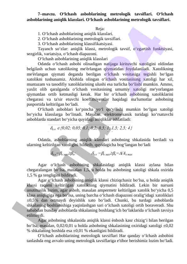 O‘lchash asboblarining metrologik tavsiflari