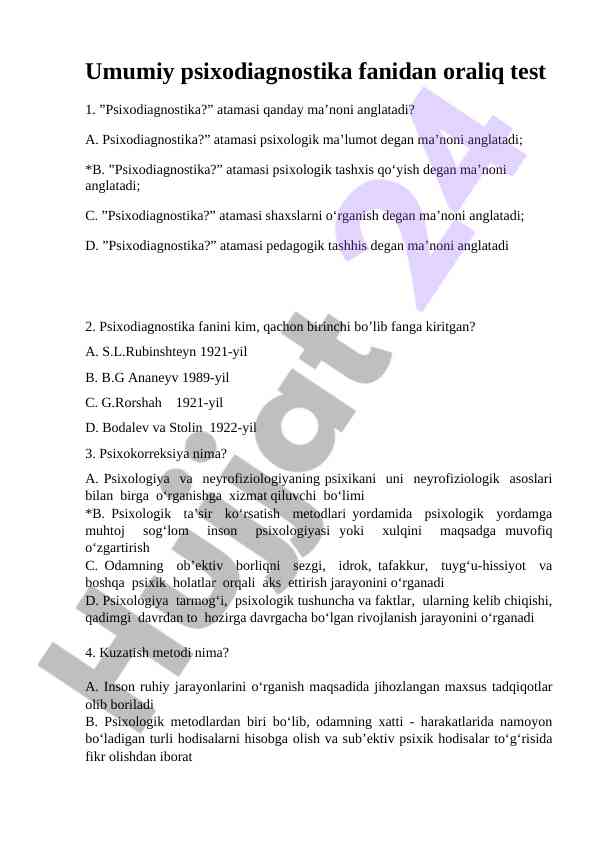 Psixodiagnostika fanidan oraliq test nümunalari