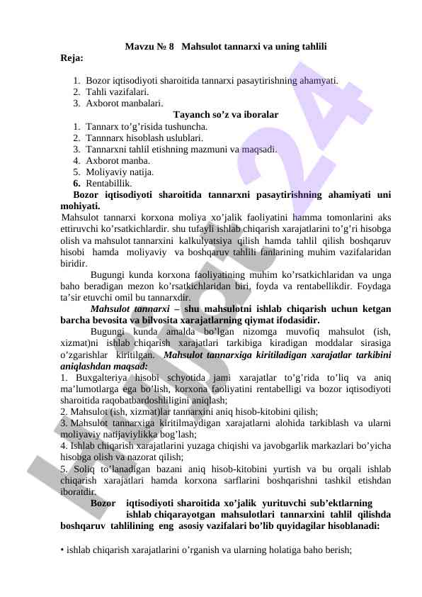 Mahsulot tannarxi va uning tahlili
