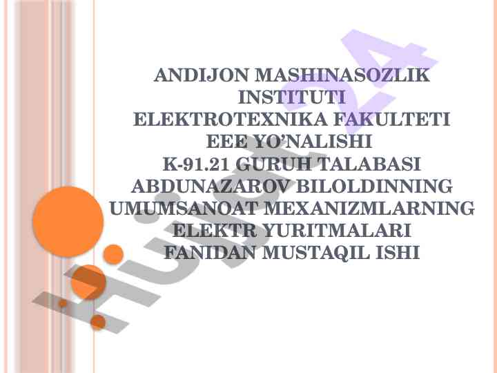 Umumsanoat mexanizmlarining elektr yuritmalarini tanlash