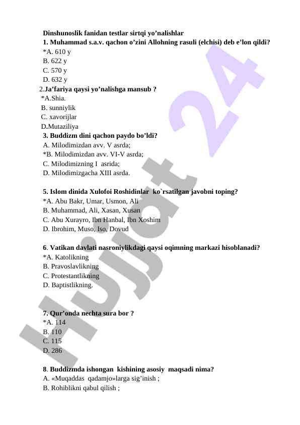 Dinshunoslik fanidan testlar sirtqi yo’nalishlar