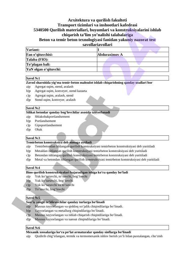 Beton va temir beton texnologiyasi test savollari