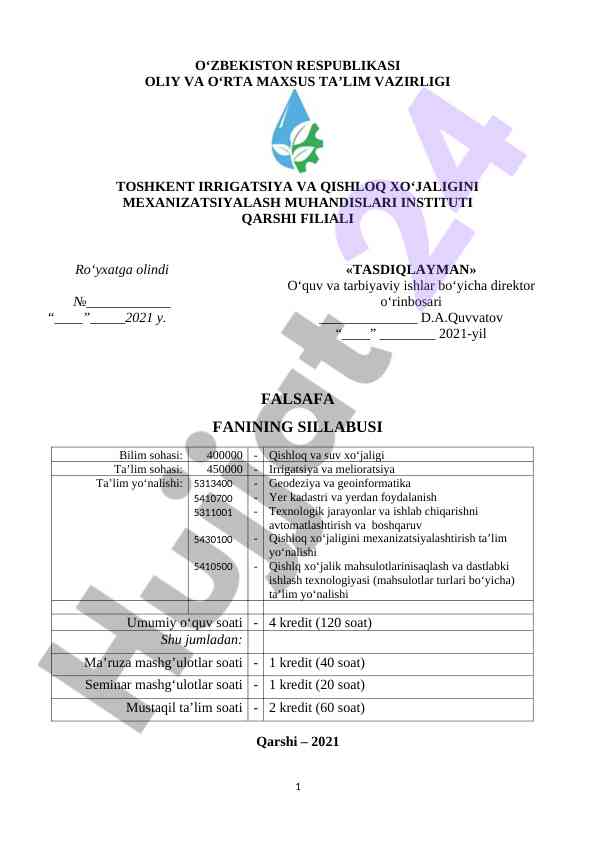 Falsafa fanining sillabusi va o‘quv rejalari