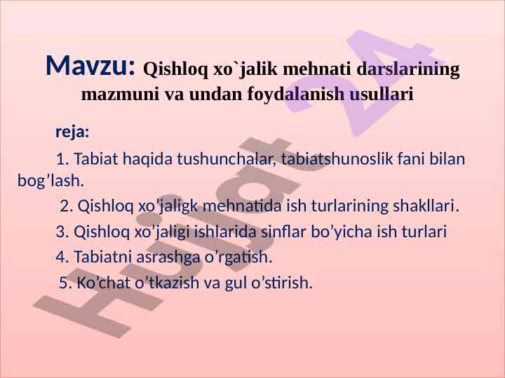 Qishloq xo‘jalik mehnati darslari rejasi