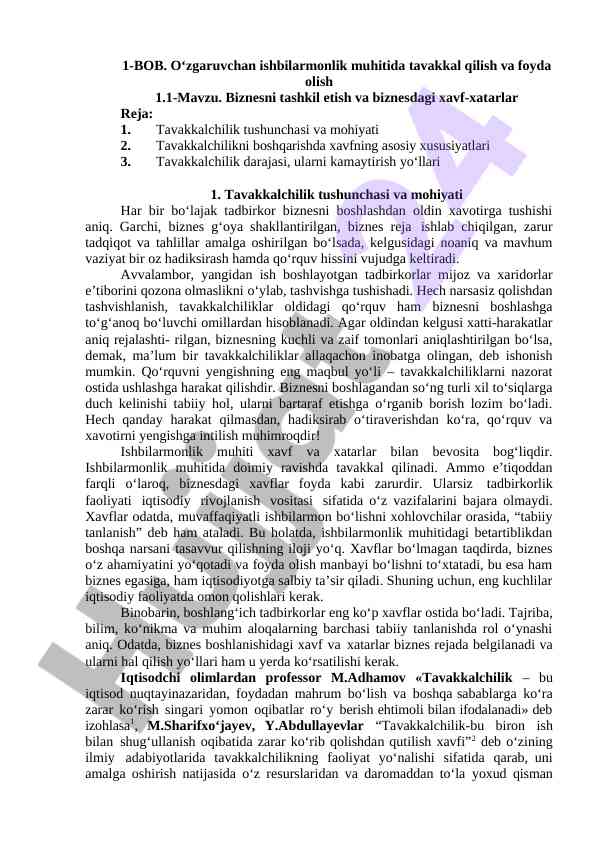Biznesni tashkil etish va tavakkalchilikni boshqarish
