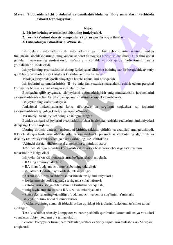 Axborot texnologiyalarining tibbiyotda qo‘llanishi