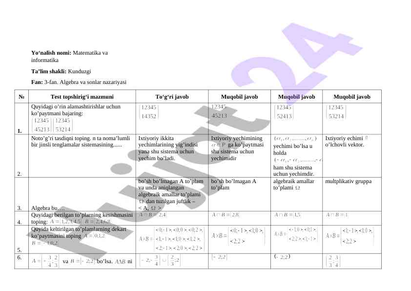 Algebra va sonlar nazariyasi bo'yicha test topshiriqlari