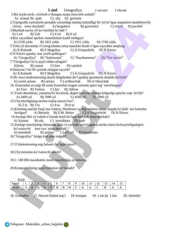 5 SINF GEOGRAFIYA TEST VARIANTI