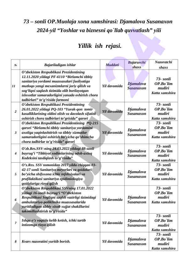 Muolaja xona xamshirasi ish rejasi 2024 yil