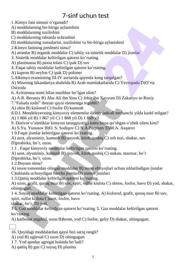 7-sinf kimyo fanidan test savollari