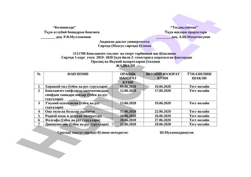 O‘qituvchilar uchun o‘quv jadvali 2019-2020