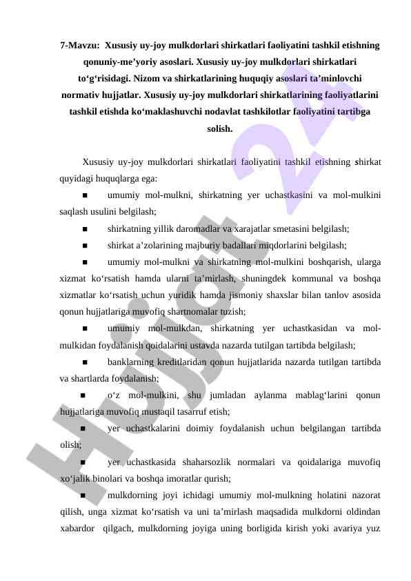 Xususiy uy-joy mulkdorlarining faoliyatini tashkil etish