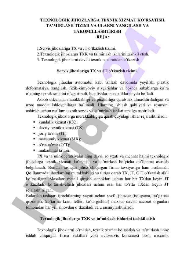 Texnologik jihozlarga texnik xizmat ko’rsatish tizimi