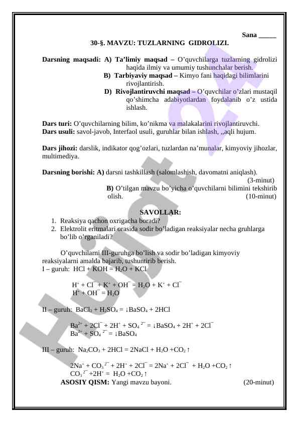 Tuzlarning gidrolizi: dars ishlanmasi
