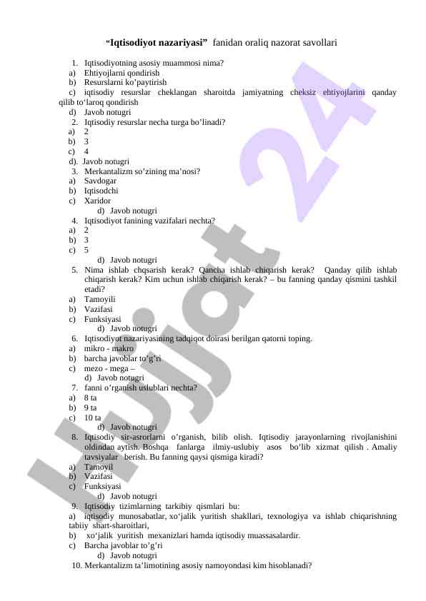 Iqtisodiyot nazariyasi oraliq nazorat savollari